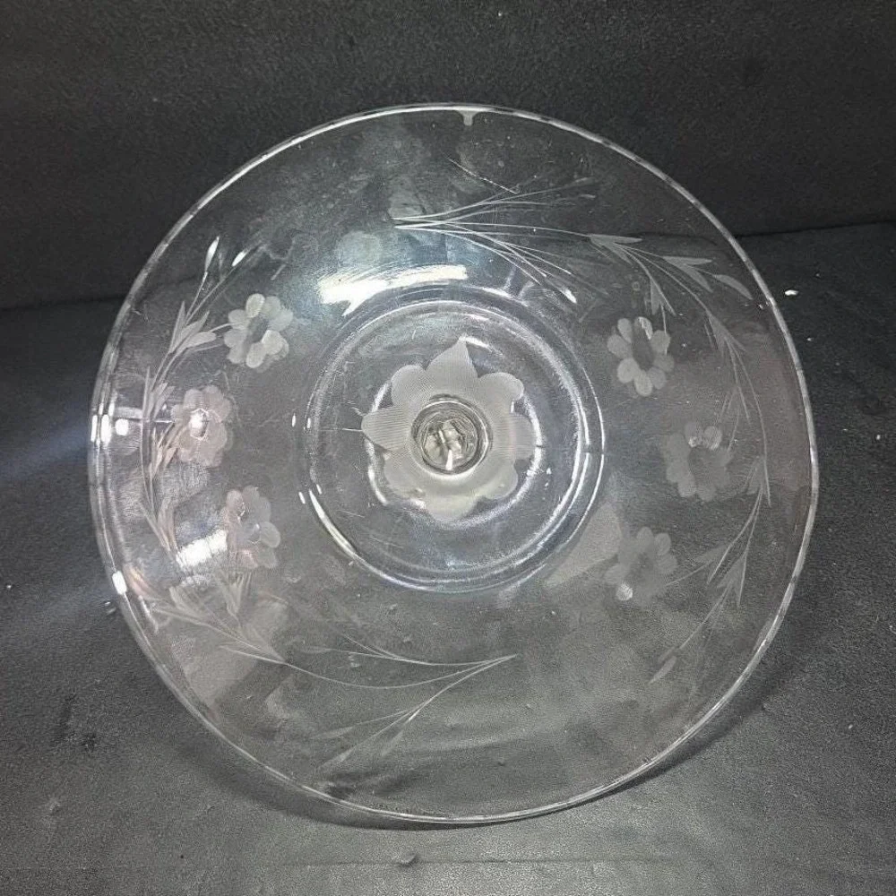 Etched Floral Tidbit Tray, Vintage Center Handle Sandwich Plate, Clear Glassware